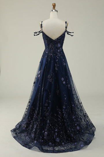 Navy A Line Cold Shoulder Long Ball Dress